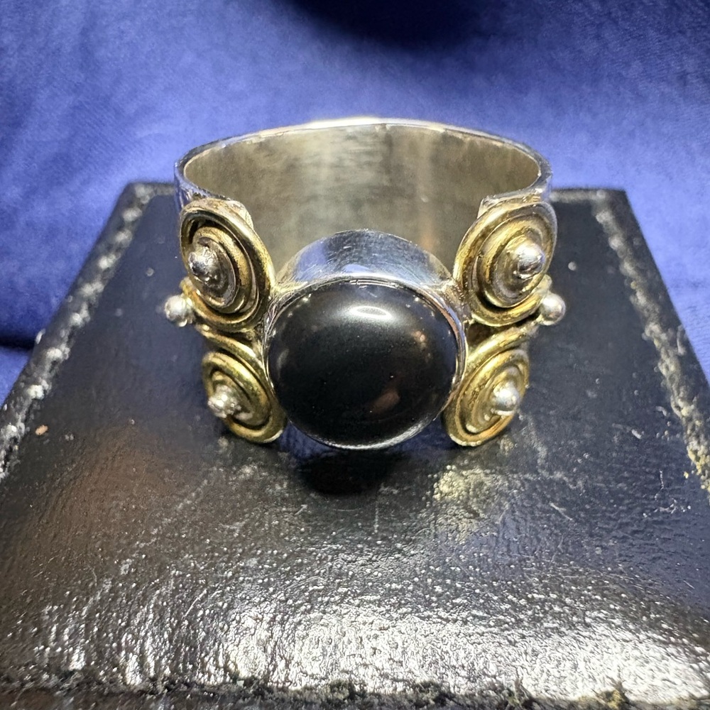 Ring Artisan Black and Silver Ring with Brass Accents and Black Onyx Gemstone